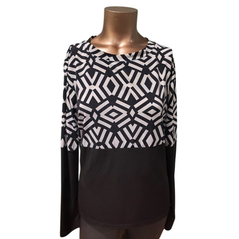 Calvin Klein Geometric Print Long Sleeve Top Women Size M Black White